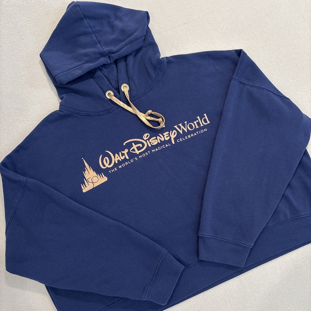 Walt Disney World 50th XL BLUE/GOLD Cropped Hoodie Pullover Womens EUC Fast Ship